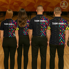 Load image into Gallery viewer, Four people wearing matching bowling shirts with colorful patterns and 'Team Name' text on a bowling alley.