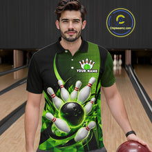 Load image into Gallery viewer, Man wearing a custom bowling shirt with a design and placeholder text 'Your Name' in a bowling alley.
