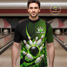 Load image into Gallery viewer, Man wearing a custom bowling shirt with a design of a bowling ball and pins in a bowling alley.