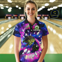 Load image into Gallery viewer, Person wearing a colorful bowling shirt with a turtle design in a bowling alley.