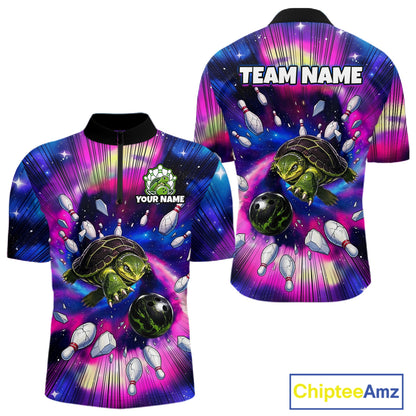 Colorful bowling-themed shirt with turtles and bowling balls on a white background, featuring 'Chiptee Amz' branding.