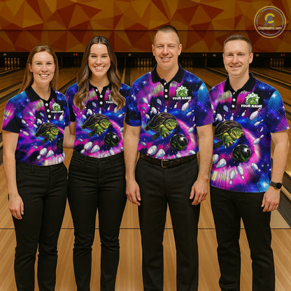 Four people wearing colorful turtle bowling shirts with a bowling alley in the background
