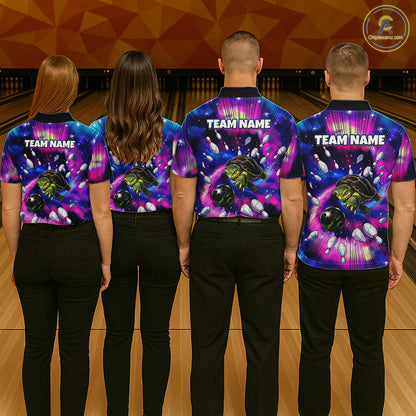 Four people wearing colorful turtle bowling shirts with 'TEAM NAME' text on a bowling alley.