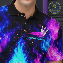 Load image into Gallery viewer, Black polo shirt with colorful flames and a bowling ball design, featuring 'Chipleezamz' logo.