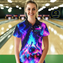Load image into Gallery viewer, Person wearing a colorful bowling shirt with a bowling ball design in a bowling alley.