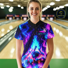 Load image into Gallery viewer, Person wearing a colorful bowling shirt with a bowling ball design in a bowling alley.