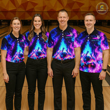 Load image into Gallery viewer, Four people wearing matching colorful bowling shirts in a bowling alley.