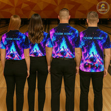 Load image into Gallery viewer, Four people wearing colorful bowling shirts with 'TEAM NAME' text at a bowling alley.