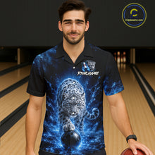 Load image into Gallery viewer, Man wearing a bowling shirt with a blue and black design of a leopard and bowling ball on a bowling alley.