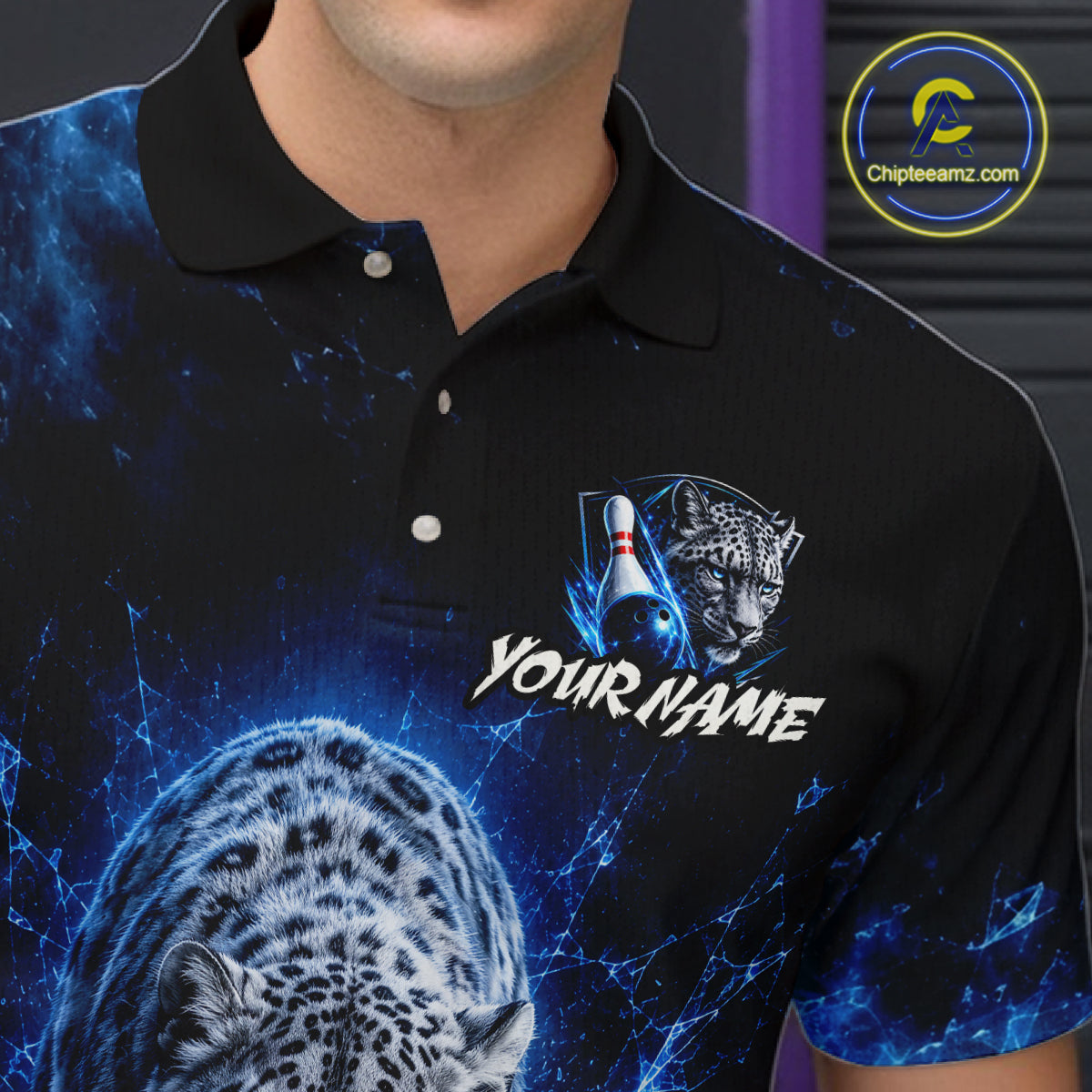 Black polo shirt with leopard design and customizable text on a blue and black background