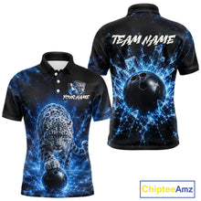 Load image into Gallery viewer, Black polo shirt with blue energy design featuring a leopard and bowling ball, customizable text on a white background.