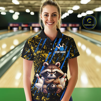 Custom Yellow & Blue Funny Raccoon Bowling Team Shirt for Women Bowling Jersey League Polo & 1/4-Zip QZT882