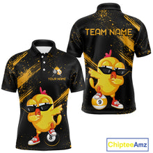 Load image into Gallery viewer, Black polo shirt with cartoon chick design and customizable text on a white background