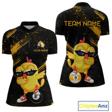 Load image into Gallery viewer, Black polo shirt with yellow chick design and customizable text on a white background