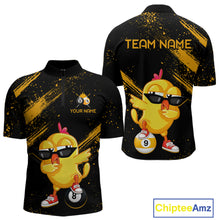 Load image into Gallery viewer, Black polo shirt with yellow cartoon chicken design and customizable text on a white background