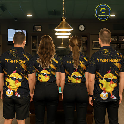Four people wearing matching shirts with a duck graphic and 'Team Name' text in an indoor setting.