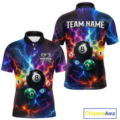 Colorful polo shirt with billiard ball design on a white background