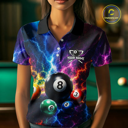 Person wearing a colorful polo shirt with billiard ball design and 'Your Name' text.