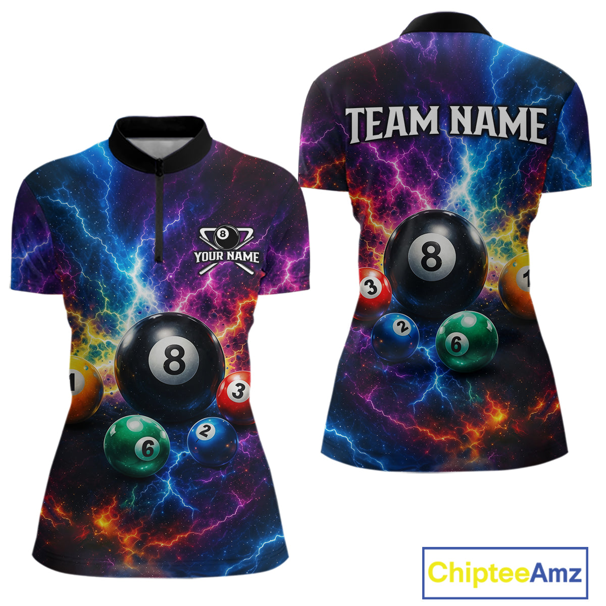 Colorful polo shirt with billiard ball design on a white background, featuring 'Chiptee Amz' branding.