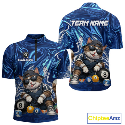 Blue sports jersey with a cat playing pool design, customizable text, and brand 'Chiptee Amz' visible.