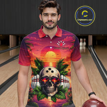 Load image into Gallery viewer, Man wearing a colorful polo shirt with a skull design in a bowling alley.
