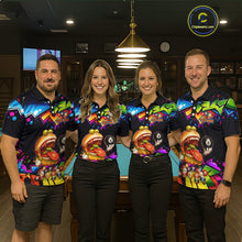 Load image into Gallery viewer, Four people wearing colorful bowling shirts with a burger and 8-ball design in a bowling alley.