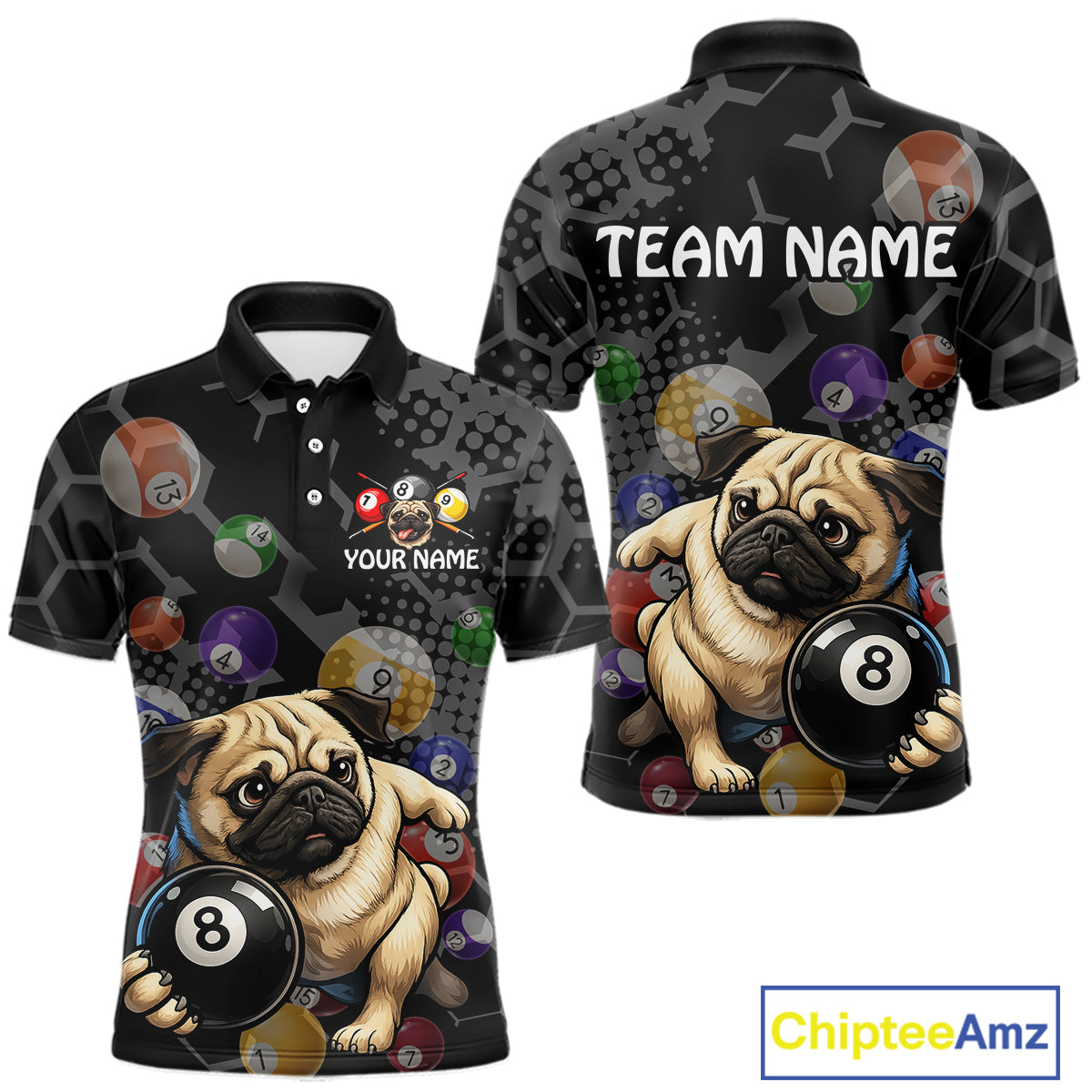 Polo shirt with pug dogs and pool balls design on a black background, featuring 'Chiptee Amz' branding.
