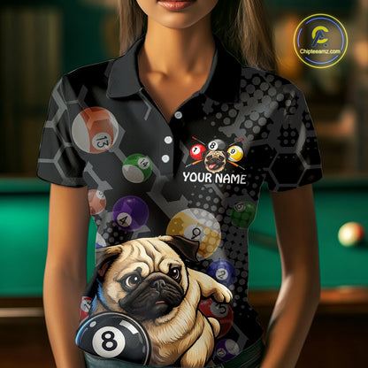 Person wearing a black shirt with a pug and pool ball design, customizable with 'Your Name'.
