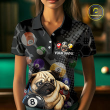 Load image into Gallery viewer, Person wearing a black shirt with a pug and pool ball design, customizable with 'Your Name'.