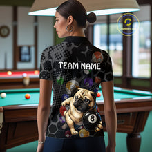 Load image into Gallery viewer, Person wearing a shirt with a pug and pool ball design in a billiards room.
