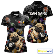 Load image into Gallery viewer, Two views polo shirts with pug dogs and billiard balls design, one with 'Team Name' text and space for name.
