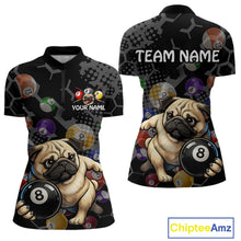 Load image into Gallery viewer, Two views polo shirts with pug dogs and billiard balls design, one with 'Team Name' text and the other with 'Your Name' text, featuring the brand 'Chiptee Amz'.