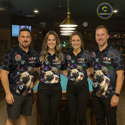 Four people wearing matching shirts with pug and pool ball designs in a bar setting.