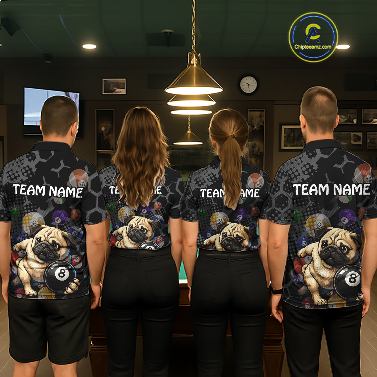 Four people wearing matching shirts with a pug and pool ball design in a room.