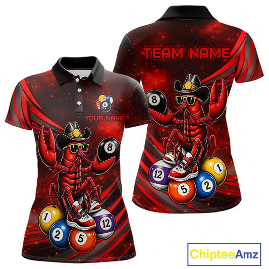 Red and black polo shirt with a crawfish design and billiard balls, featuring 'Team Name' and 'Your Name' text.
