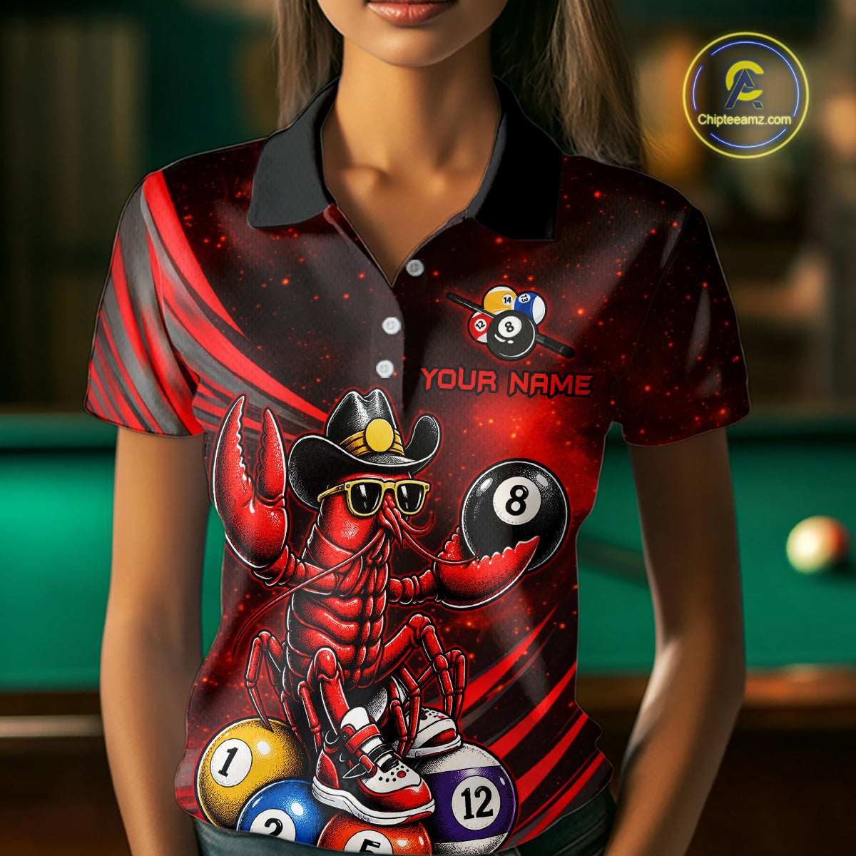 Person wearing a custom polo shirt with a crawfish in a cowboy hat and sunglasses design, pool balls, and 'Your Name' text.