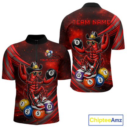 Red and black sports jersey with crawfish design and billiard balls, customizable text on a white background.
