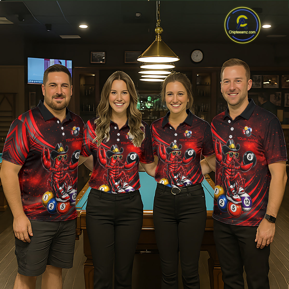 Four people wearing matching red and black shirts with a pool ball design in a bar setting.