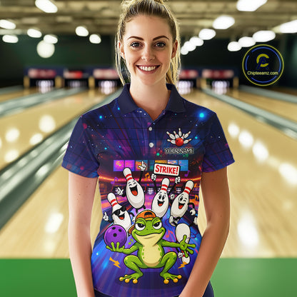 Custom Funny Frog Bowling Shirt for Women Polo & Quarter-Zip Bowling Team Jersey League QZT1006