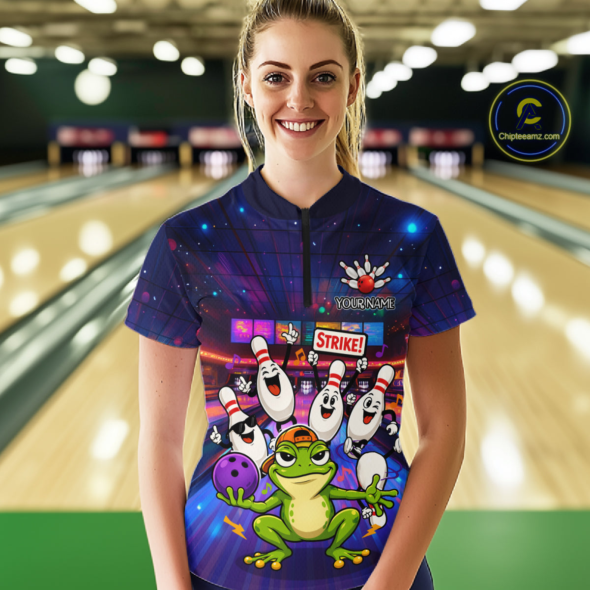 Custom Funny Frog Bowling Shirt for Women Polo & Quarter-Zip Bowling Team Jersey League QZT1006