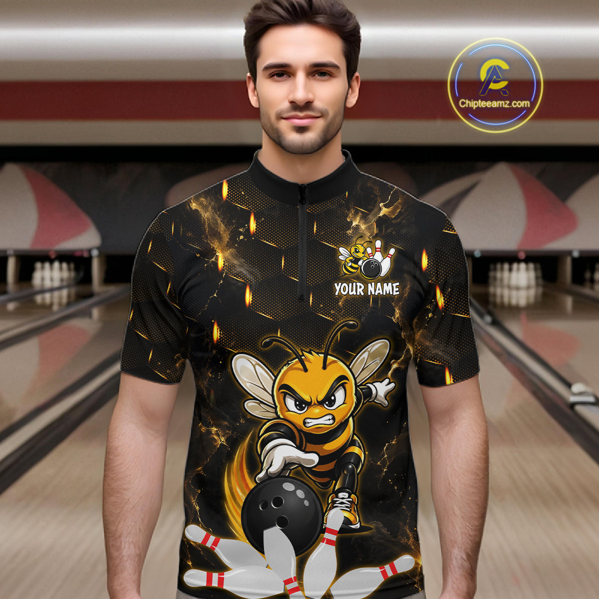 Custom Black & Gold Funny Bee Bowling Shirt for Men Polo & 1/4-Zip Bowling Team Jersey QZT1007