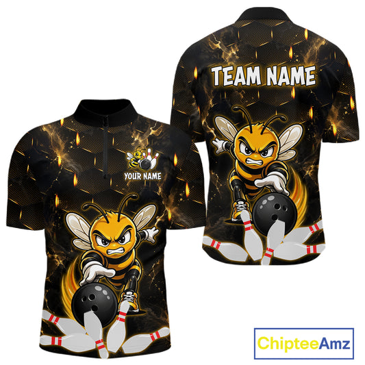 Custom Black & Gold Funny Bee Bowling Shirt for Men Polo & 1/4-Zip Bowling Team Jersey QZT1007