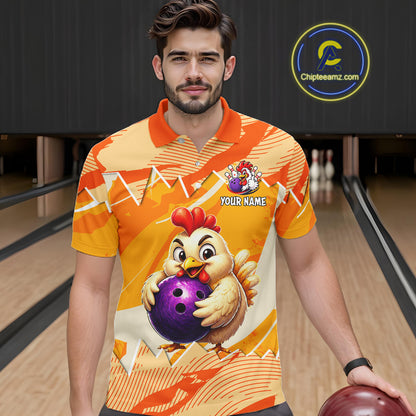 Man wearing a bowling shirt with a chicken holding a ball design in a bowling alley.