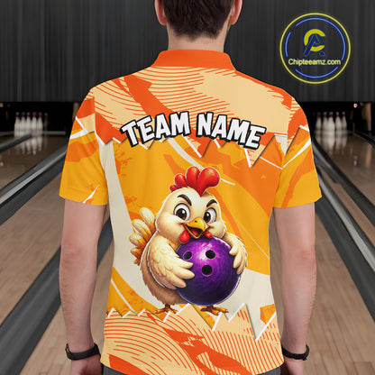 Person wearing a bowling-themed shirt with a cartoon chicken holding a bowling ball on a bowling alley.