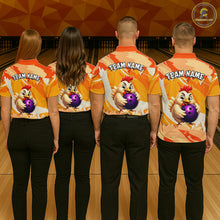 Load image into Gallery viewer, Four people wearing matching bowling shirts with a cartoon chicken and ball design on a bowling alley.