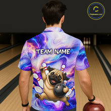 Load image into Gallery viewer, Person wearing a colorful bowling shirt with a pug design and 'Team Name' text at a bowling alley.