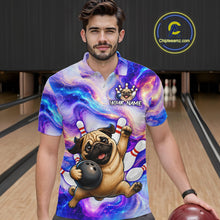 Load image into Gallery viewer, Man wearing a colorful polo shirt with a pug design in a bowling alley.
