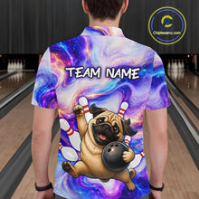 Load image into Gallery viewer, Person wearing a colorful bowling-themed shirt with a pug holding a bowling ball in a bowling alley.