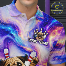 Load image into Gallery viewer, Colorful polo shirt with pug and bowling design, personalized with 'Your Name'.