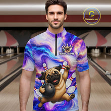 Load image into Gallery viewer, Person wearing a colorful bowling-themed shirt with a pug design in a bowling alley.